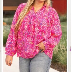 Boutique Large NWOT Tunic Pink Floral Puff Sleeve Fun Flirty Bright Vibrant